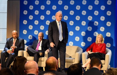 General Electric CEO John Flannery with executives Russell Stokes, David Joyce and Jamie Miller at the company's 'reset' meeting, Nov. 14, 2017.